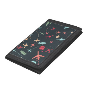 Black Aeroplane and Aviation Pattern Trifold Wallet