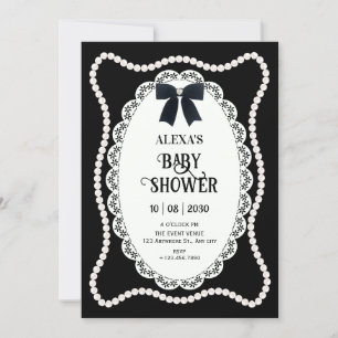Black aesthetic elegant bow pearl baby shower invitation