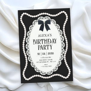 Black aesthetic elegant bow pearl birthday invitation