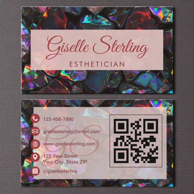  Black Aesthetician Opal Gemstone QR Code Business Card (Creator Uploaded)