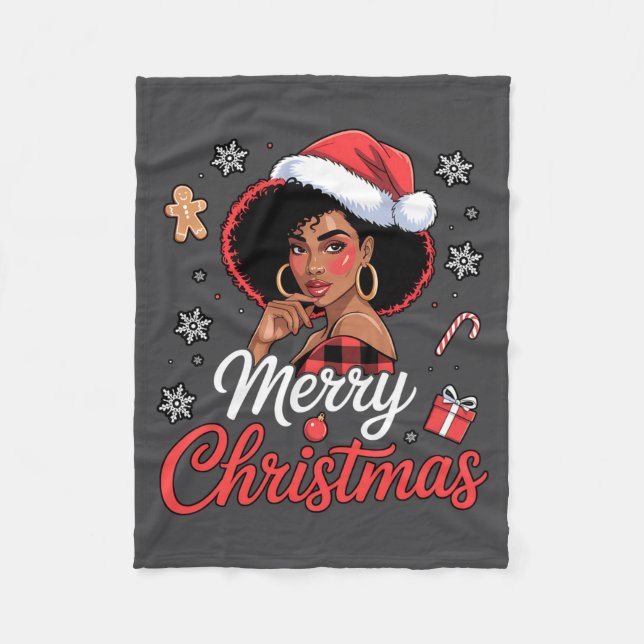 Black African Girl American Merry Christmas Santa  Fleece Blanket (Front)