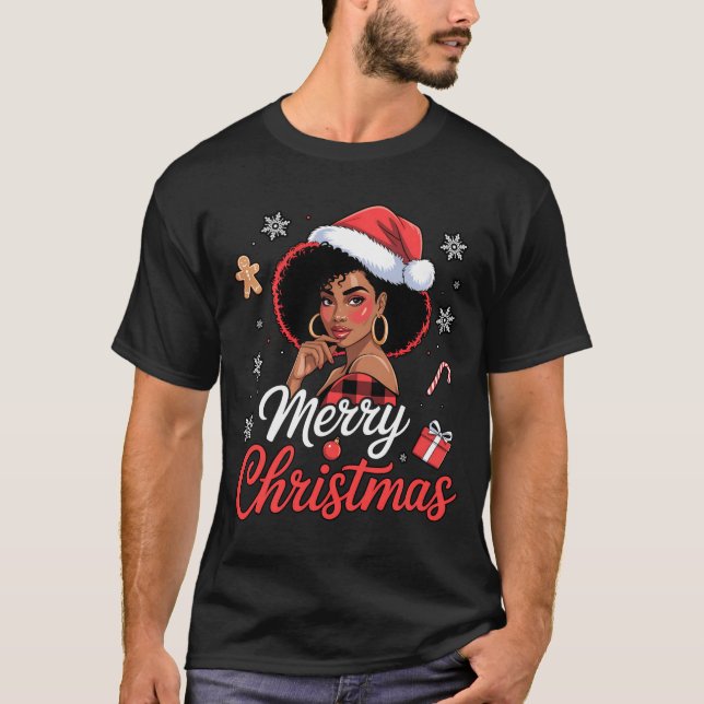 Black African Girl American Merry Christmas Santa  T-Shirt (Front)