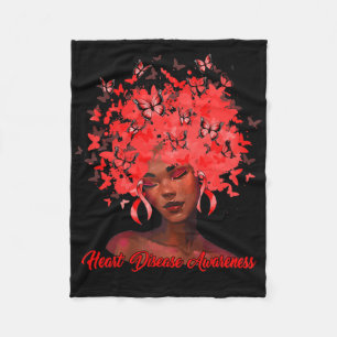 Black African Woman Afro Butterfly Ribbon Red Hear Fleece Blanket