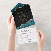 Black Agate Aqua Turquoise Blue Gold Wedding RSVP