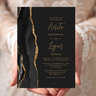 Black Agate Elegant Gold Script Wedding Invitation