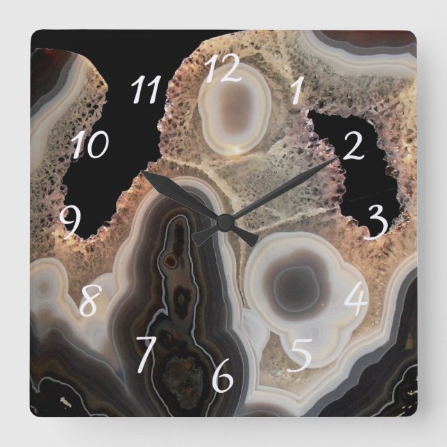 Black Agate Faux Marble Stone Gem Clock (Front)