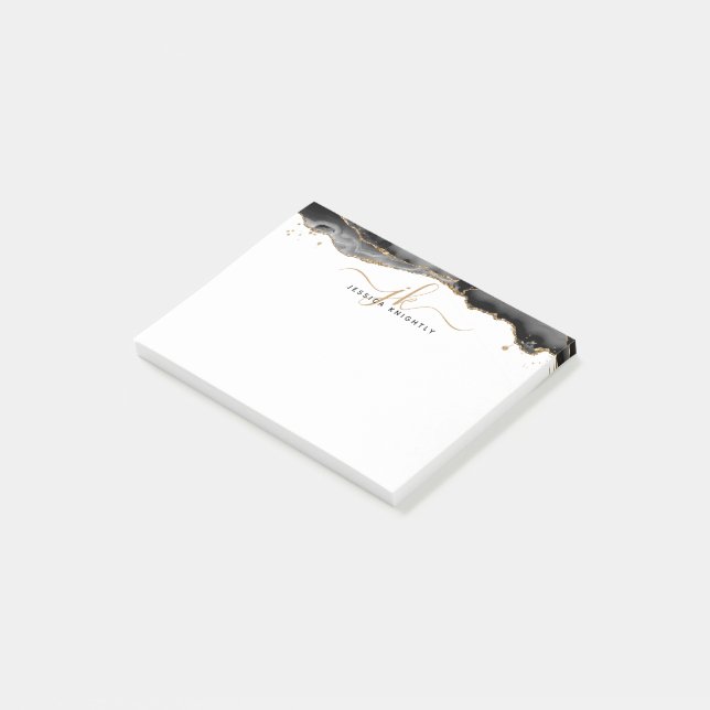 Black Agate Geode Gold Glitter Script Monogram Post-it Notes (Angled)