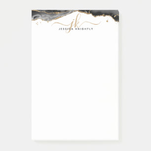 Black Agate Geode Gold Glitter Script Monogram Post-it Notes