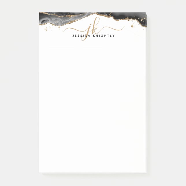 Black Agate Geode Gold Glitter Script Monogram Post-it Notes (Front)