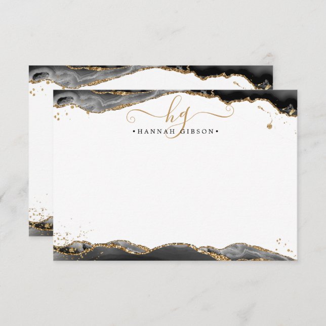 Black Agate Geode Monogram Script Gold Glitter Card (Front/Back)