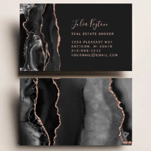 Black Agate Geode Rose Gold Glitter Real Estate Business Card