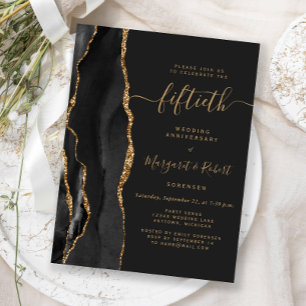 Black Agate Gold 50th Anniversary Party Postcard