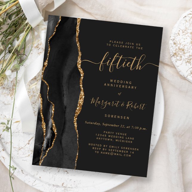 Black Agate Gold 50th Anniversary Party Postcard (Creator Uploaded)