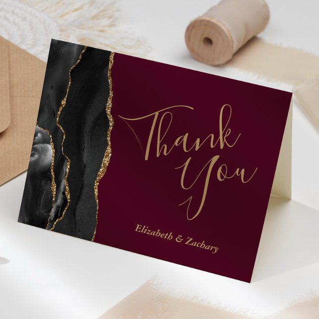 Black Agate Gold Burgundy Wedding Thank You Card (Creator Uploaded)