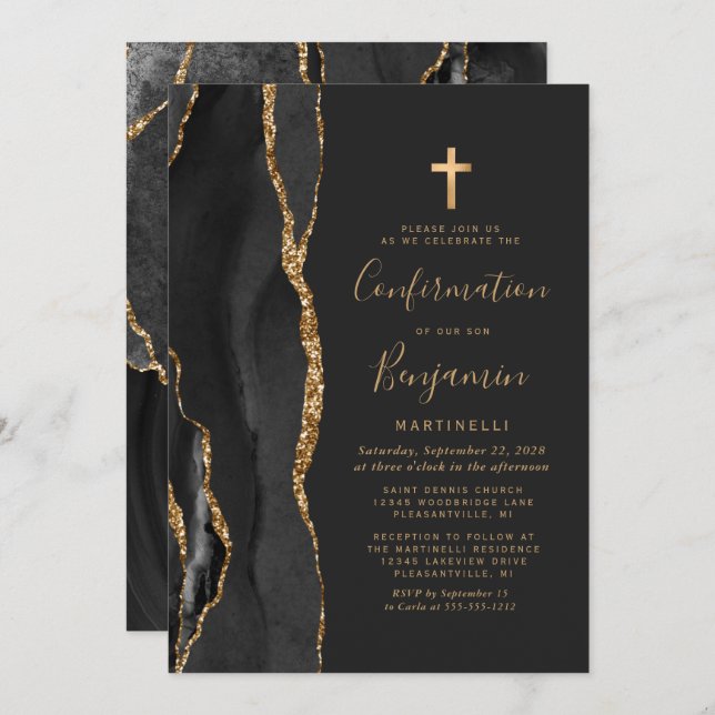 Black Agate Gold Confirmation Invitation (Front/Back)