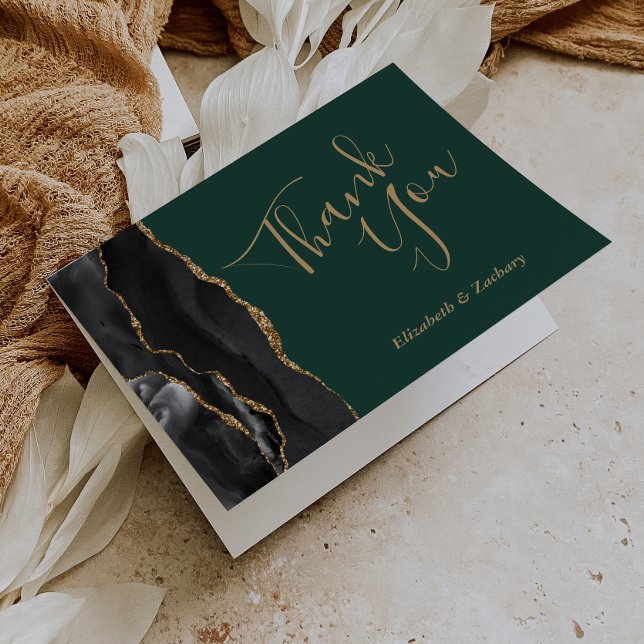Black Agate Gold Emerald Green Wedding Thank You Card (Creator Uploaded)