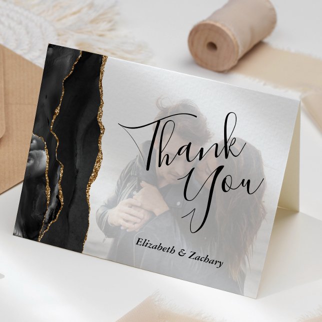 Black Agate Gold Faded Photo Wedding Thank You Card (Creator Uploaded)