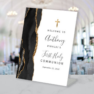 Black Agate Gold First Holy Communion Welcome Pedestal Sign