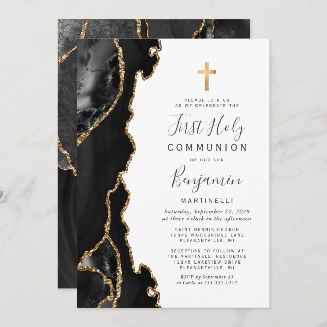  Black Agate Gold Glitter First Holy Communion Invitation (Front/Back)