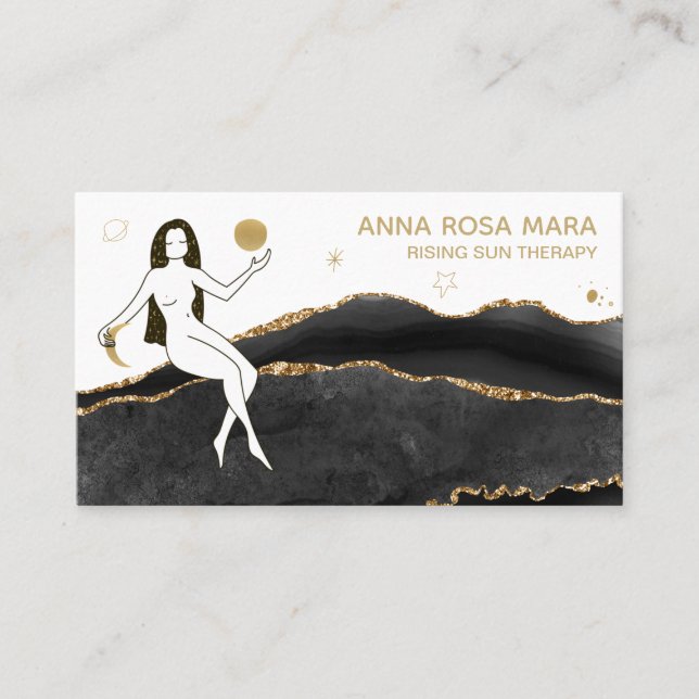 *~* Black Agate Gold Glitter Goddess Celestial Business Card (Front)