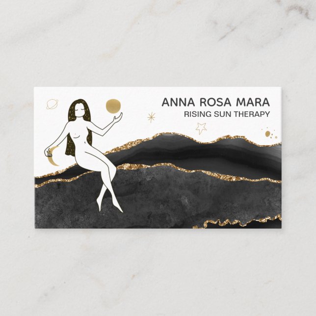 *~* Black Agate Gold Glitter - Goddess Celestial Business Card (Front)