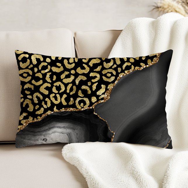 Black Agate Gold Glitter Leopard Spots Decorative Cushion (Creator Uploaded)