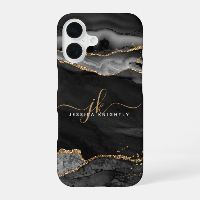Black Agate Gold Glitter Script Monogram iPhone 16 Case (Back)