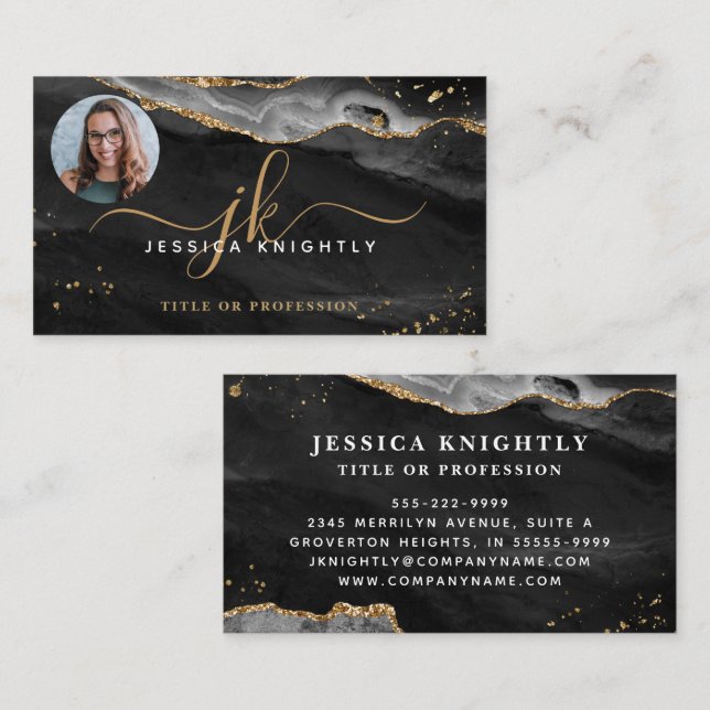 Black Agate Gold Glitter Script Monogram Photo Business Card (Front/Back)