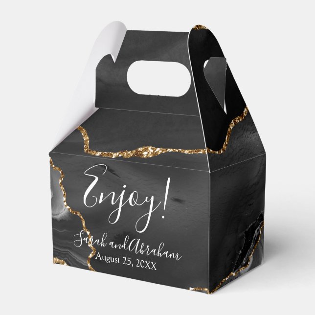 Black Agate Gold Glitter Wedding Favour Boxes (Front Side)