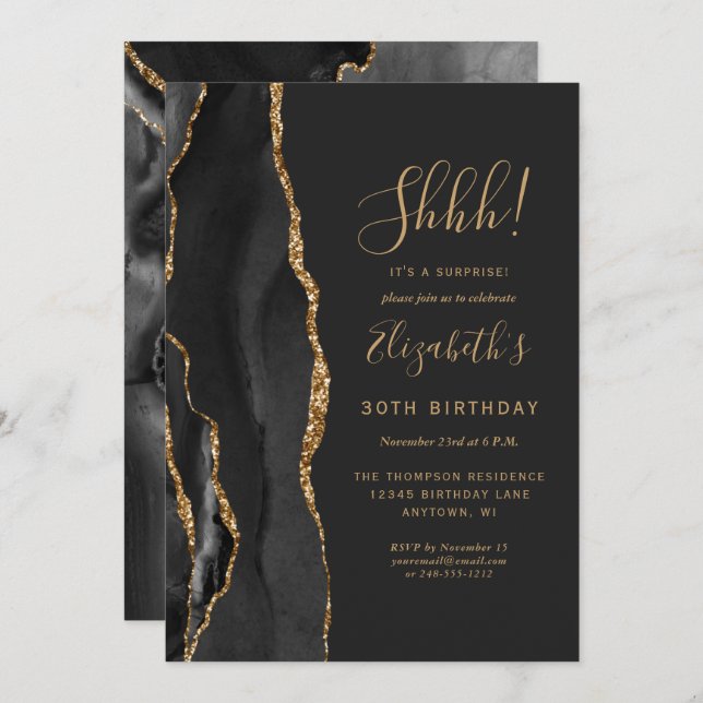Black Agate Gold Surprise Birthday Party Invitation (Front/Back)