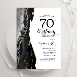 Black Agate Gold White 70th Birthday Invitation