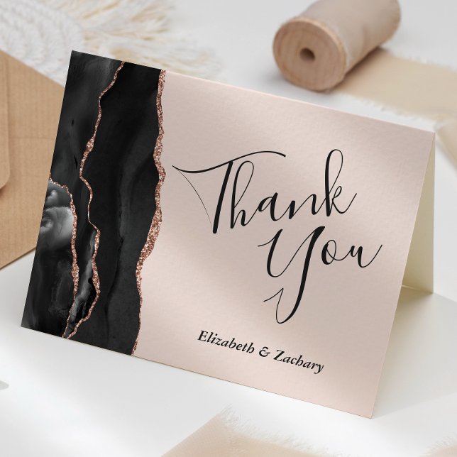 Black Agate Rose Gold Blush Wedding Thank You Card (Creator Uploaded)