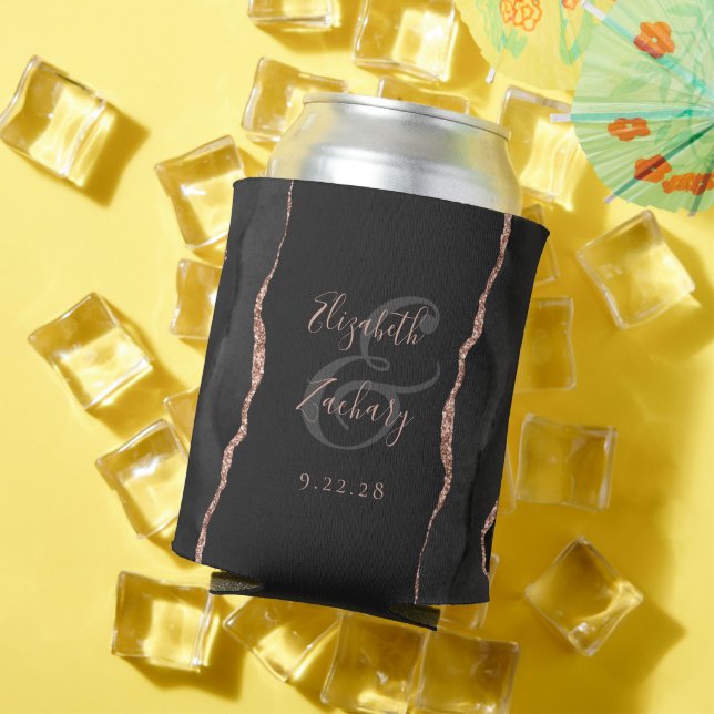 Black Agate Rose Gold Faux Glitter Dark Wedding Can Cooler (In Situ Summer)