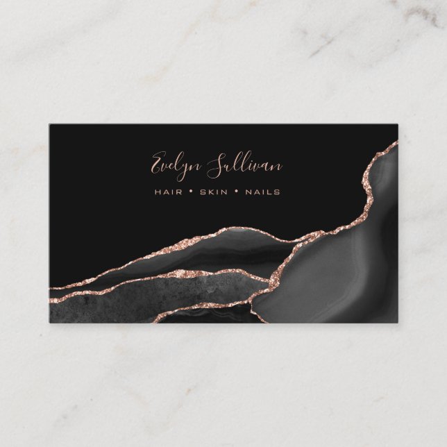 Black Agate rose gold glitter business card (Front)