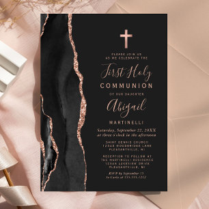 Black Agate Rose Gold Glitter First Holy Communion Invitation
