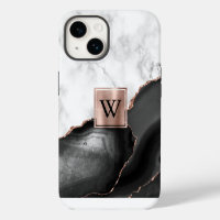 Black Agate Rose Gold White Marble Monogram