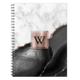 Black Agate Rose Gold White Marble Monogram Notebook