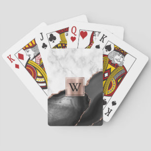 Black Agate Rose Gold White Marble Monogram Playing Cards