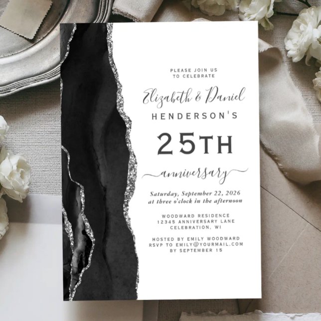 Black Agate Silver 25th Anniversary Invitation (Creator Uploaded)