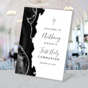 Black Agate Silver First Holy Communion Welcome Pedestal Sign