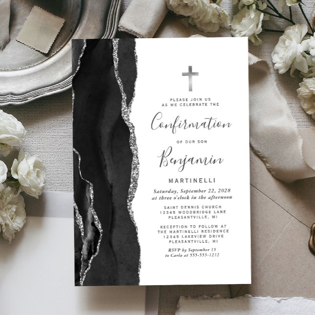 Black Agate Silver Glitter Confirmation Invitation (Creator Uploaded)