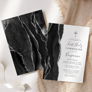 Black Agate Silver Glitter First Holy Communion Invitation