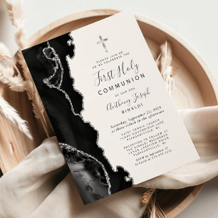 Black Agate Silver Glitter First Holy Communion Invitation