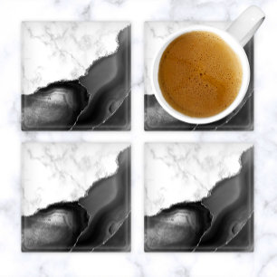 Black Agate Silver Glitter White Faux Marble Glass Coaster