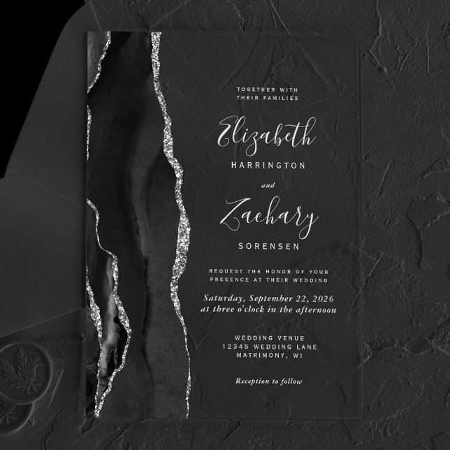 Black Agate Silver Grey Text Wedding Acrylic Invitations (Creator Uploaded)
