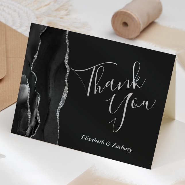 Black Agate Silver Wedding Thank You Card (Creator Uploaded)