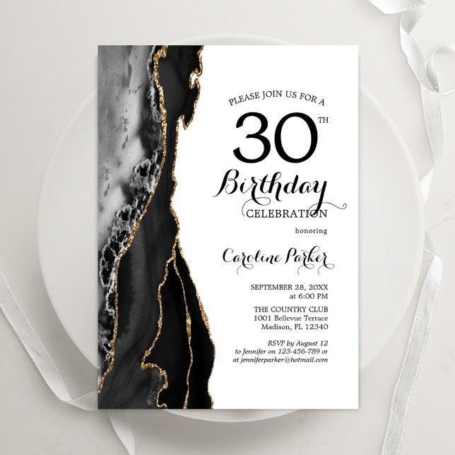 Black Agate White Gold 30th Birthday Invitation (Creator Uploaded)