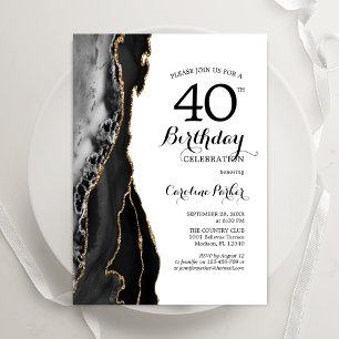 Black Agate White Gold 40th Birthday Invitation