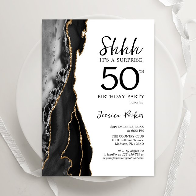 Black Agate White Gold Surprise 50th Birthday Invitation (Creator Uploaded)