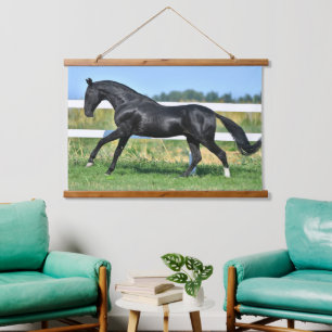 Black Akhal Teke Stallion Galloping Paddock Fence Hanging Tapestry